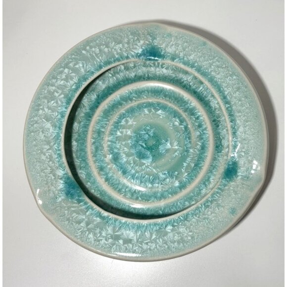Art Pottery Teal Blue Crystalline Glaze Ash Tray Trinket Bowl 9" - Picture 1 of 5